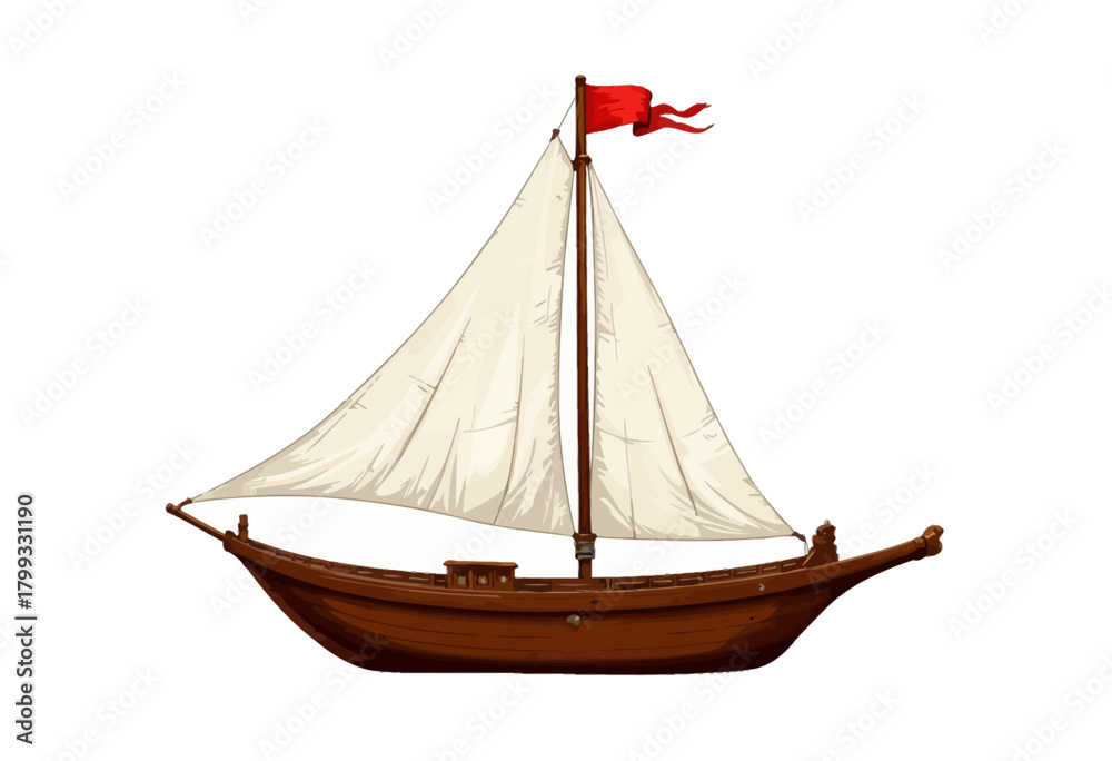 Obraz premium Illustration of a Traditional Wooden Sailing Ship with a Red Flag and Creamy Sails on a White Background Showcasing Maritime Heritage