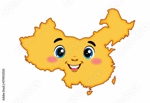 Charming Cartoon Illustration of Smiling Cartoon Face on Map-Shaped Figure with Playful Facial Expression and Vibrant Colors Conveying Cheerfulness