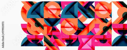 Abstract geometric shapes overlap, creating vibrant colorful pattern. Bold lines, angles, curves dominate composition.