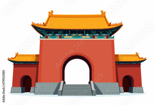 Traditional Chinese Architectural Gateway with Vibrant Red Walls and Ornate Golden Roof Symbolizing Cultural Heritage and Historical Significance