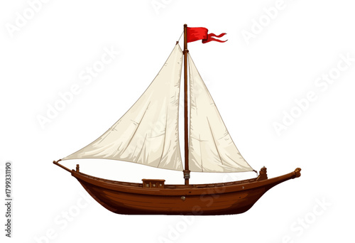 Illustration of a Traditional Wooden Sailing Ship with a Red Flag and Creamy Sails on a White Background Showcasing Maritime Heritage