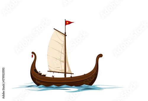 Classic Viking Longship with Wooden Hull and Red Flag Sailing on Blue Ocean Waves against a Clear Sky Background