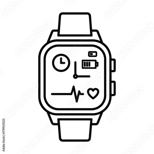 Modern digital smartwatch with a clean line art design displaying health and fitness tracking icons on its screen