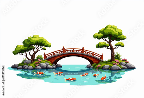 Serene Garden Oasis Featuring Wooden Arched Bridge and Lush Trees Over Crystal-Clear Pond with Colorful Koi Fish Swimming Beneath in a Tranquil Scene