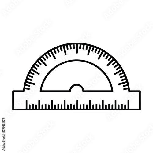 Simple black and white line art illustration of a protractor with clear measurement markings for angles and lengths