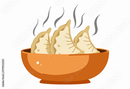 Steaming Hot Dumplings in a Brown Bowl with Rising Steam Illustrating Freshly Cooked Delicious Appetizers Perfect for Enjoying as a Savory Snack