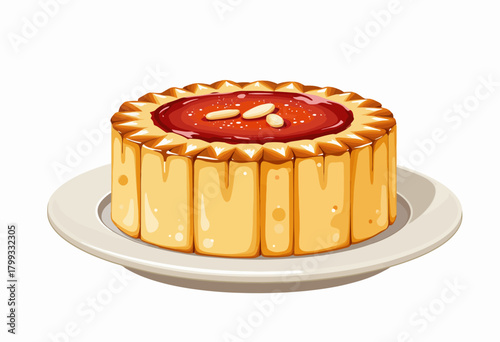 Illustration of a Delectable Cake with Rich Caramel Drip and Strawberry Topping, Adorned with Flaky Almonds on a Classic Plate Setting | Beautiful Dessert Design