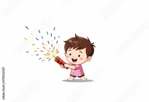 Joyful Child Celebrating with Colorful Handheld Confetti Blaster Creating Festive Vibrant Atmosphere of Happiness and Excitement