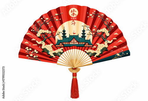 Elegant Oriental Red Paper Fan with Golden Tassel Featuring Traditional Chinese Architecture and Blossoming Cherry Branches