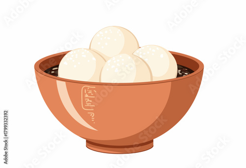 Illustration of a Ceramic Bowl Filled with Four Round Creamy White Dumplings in a Rich Dark Broth Against a Plain Background