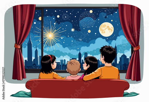 Family Gathered on Couch Watching Vibrant Night Sky Fireworks Display Through Living Room Window with City Skyline in Background