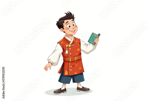 Cheerful Cartoon Boy in Traditional Costume Holding Book with Joyful Expression and Wearing Detailed Embroidery Vest and Cultural Attire