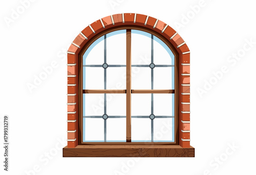 Illustration of a Rustic Brick Arched Window with Wooden Frame and Decorative Glass Elements Capturing Classic Architectural Details and Timeless Design Aesthetics