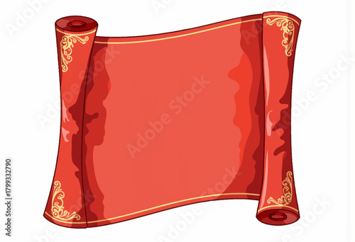 Elegant Red Scroll with Ornate Golden Detailing on Edges and Rich Texture Ideal for Decorative or Historical Themed Designs and Artistic Presentations