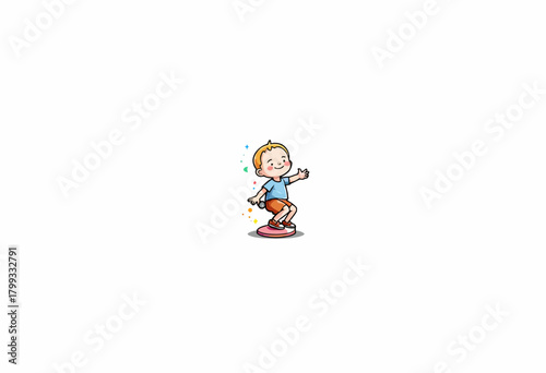 Illustration of a cheerful child balancing on a colorful hoverboard with sparkles around, depicting joy, playfulness, and modern childhood fun in a minimalistic style