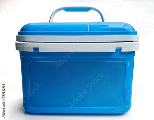 White embellishments adorn a blue plastic cooler.  small, boxy shape.  handles for transportation.  Ideal for trips or picnics