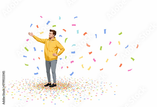Joyful Young Man in Yellow Hoodie Surrounded by Colorful Confetti on White Background, Embracing Celebration with Outstretched Arm and Cheerful Expression