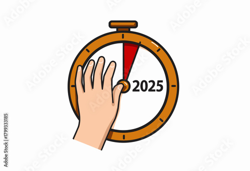 Illustration of a hand stopping a stopwatch at 2025, symbolizing a pause or delay in time progression towards the year, with a red highlighted section