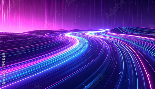 Abstract rendering of a glowing, curved pathway with light trails across a landscape.