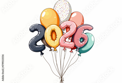 Playful Cluster of Balloons Shaped as the Year 2026 with Vibrant Colors and Cartoonish Style for Celebration and Festivity Illustration