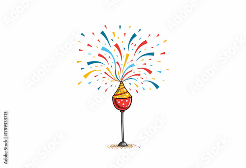 Vibrant Celebration Burst with Colorful Confetti Emanating From a Decorative Cone Displaying a Festive Explosion of Joyful Colors Against a Simple Background