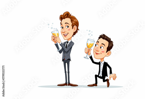 Two Animated Characters Celebrating Together with Toasting Champagne Glasses in a Cheerful and Joyous Cartoon Scene