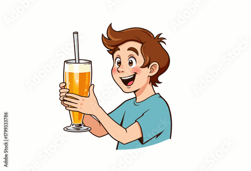 Animated Boy Joyfully Holding a Tall Glass of Frothy Orange Beverage with Straw Against Plain Background