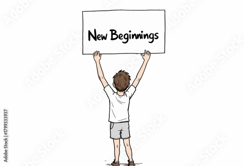 Illustration of a Young Boy Holding a Sign Reading 'New Beginnings' Symbolizing Change and Optimism in a Minimalist and Simple Artistic Style