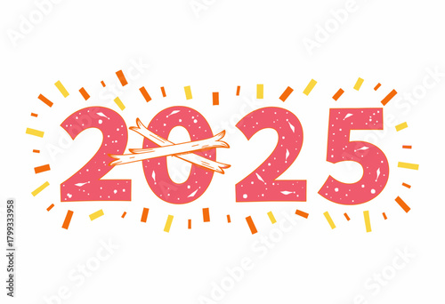 Festive Illustration of 2025 with Broken Wishbone and Colorful Radiating Patterns Signifying Excitement and Hope for the Future