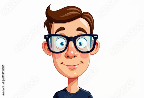 Cheerful Cartoon Character with Big Glasses and Animated Expression on White Background