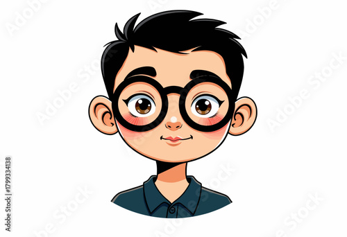 Charming Cartoon Character with Large Round Glasses and Stylish Black Hair on White Background