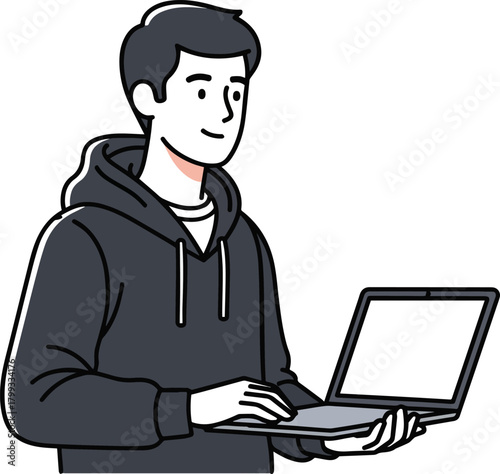 Create a simple vector illustration of a young man wearing a hoodie holding a laptop vector art with white background..