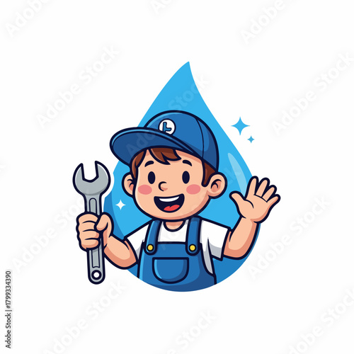 Friendly cartoon plumber boy character with wrench, waving hand, and water droplet icon