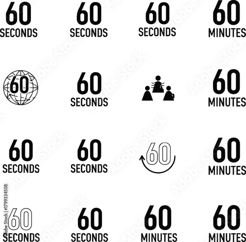 Create a kinds of deferent 60 seconds and 60 minutes simple vector icon illustration material vector art with white background.