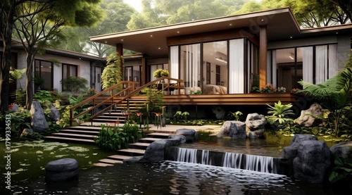 Scenic villa nestled amidst lush foliage and tranquil water features creating a serene atmosphere