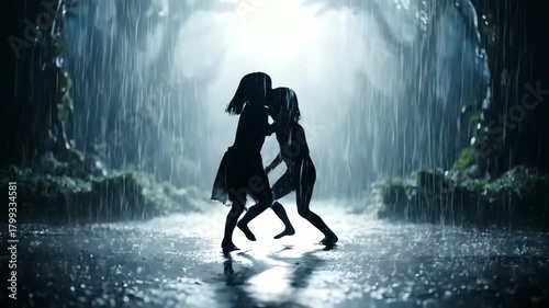 Children's Joyful Dance in Rain: Silhouette, Freedom, and Nature