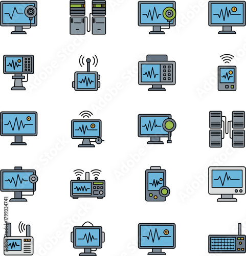 Create a kinds of deferent Monitoring system simple vector icon illustration material vector art with white background