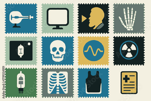Rontgen's Discovery of X-rays Medical and Health Icons in Stamp Style