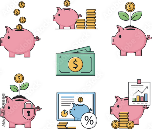  Create a kinds of deferent Simple icon illustration material for saving money in a piggy bank vector art with white background..