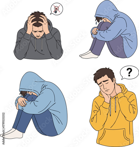 Create a kinds of deferent simple vector illustration of a young man wearing a hoodie holding his head vector art with white background