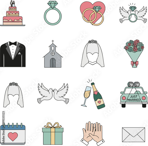 Create a kinds of deferent Wedding simple vector icon illustration material vector art with white background..