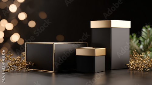 Black and gold product boxes with holiday lights in dark luxury packaging concept scene