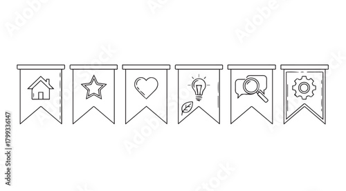 Decorative bunting flags featuring various outline icons silhouette