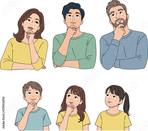 Create a simple vector illustration set of a thoughtful family vector art with white background..