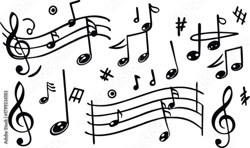 Hand drawn musical notes and symbols on a clean white background.