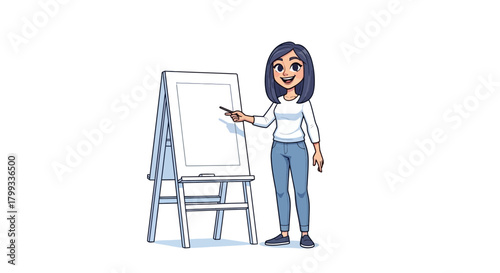 Cartoon Woman Presenting on Easel Illustration for Education and Business.