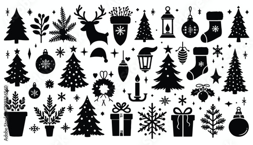 Black and White Christmas Icon Set with Trees, Gifts, and Snowflakes