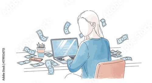 Earning Online Woman Working on Laptop with Money Falling.