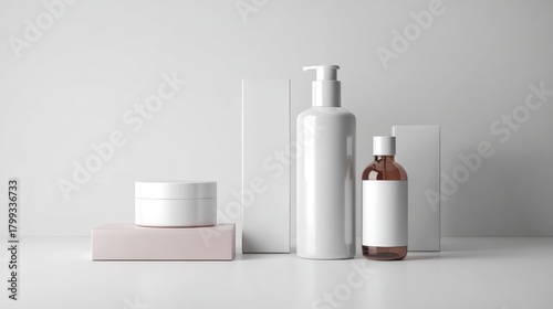 Wallpaper Mural Minimalist cosmetic packaging display with white and amber bottles on pastel base Torontodigital.ca