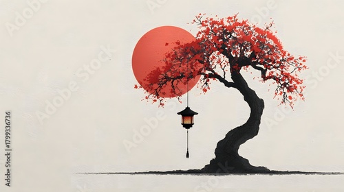 Japanese cherry blossom tree with red leaves and hanging lantern art